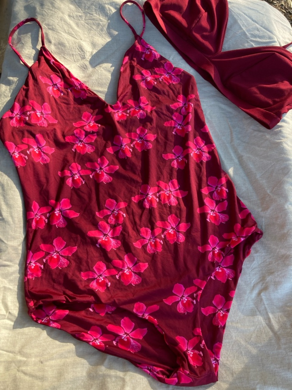 Mai body suit swim one piece burgundy pink orchids XL